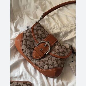 COACH crystal signature jacquard Brown Leather Shoulder Bag